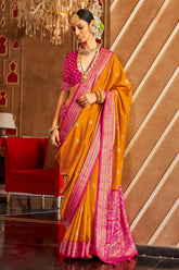 Yellow Mercerized Sigma Silk ︎With Classical Patola Design And SambalPuri Print With Aqua Finish